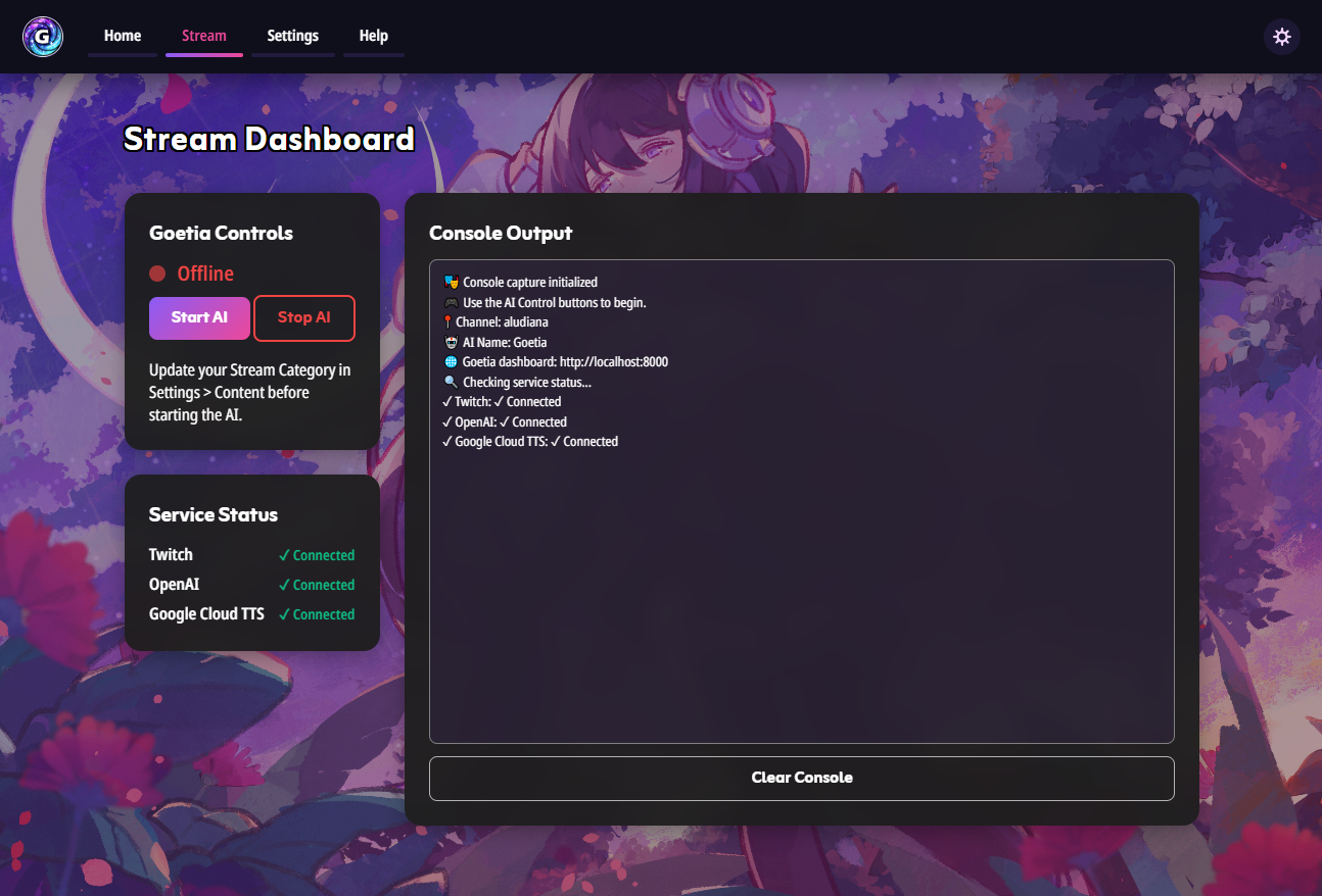 GoetiaAI Stream Dashboard Dark Mode