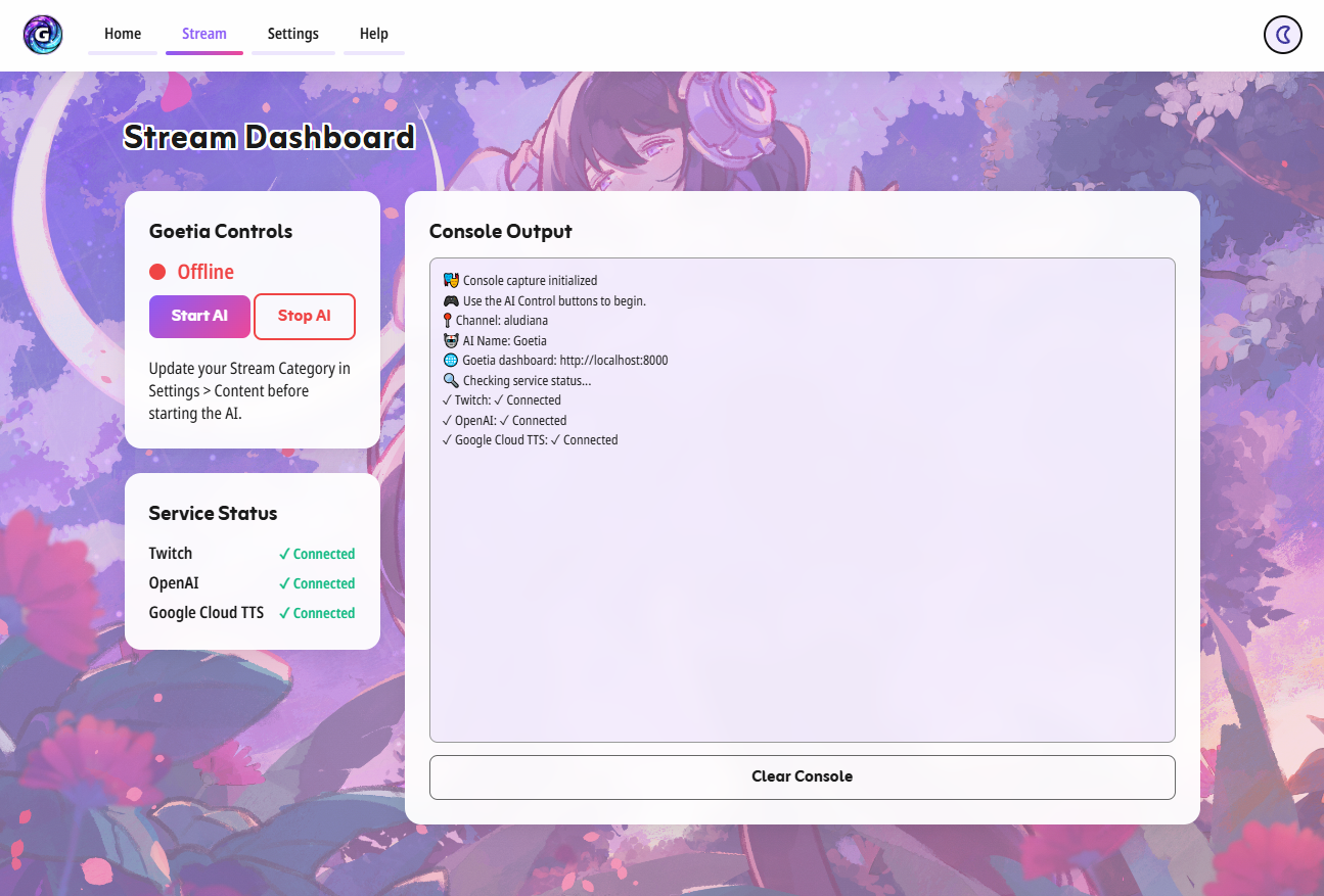 GoetiaAI Stream Dashboard Light Mode